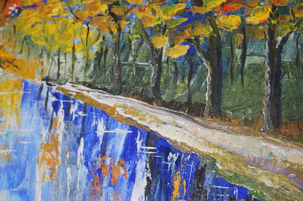 (CreativeWork) Autumn lake by Sashi Muhunthan. Acrylic. Shop online at Bluethumb.