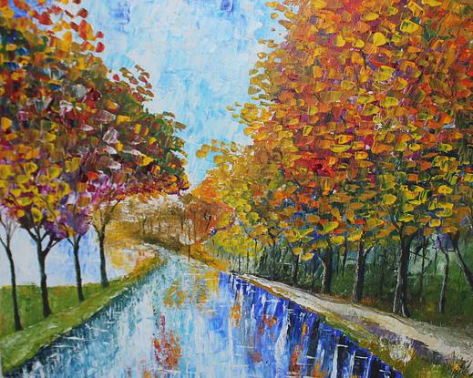 (CreativeWork) Autumn lake by Sashi Muhunthan. Acrylic. Shop online at Bluethumb.