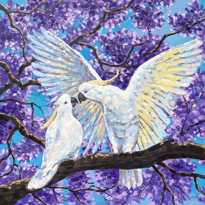 (CreativeWork) Love is in the air – Cockatoos and jacaranda by Irina Redine. Oil. Shop online at Bluethumb.