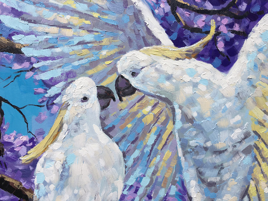 (CreativeWork) Love is in the air – Cockatoos and jacaranda by Irina Redine. Oil. Shop online at Bluethumb.