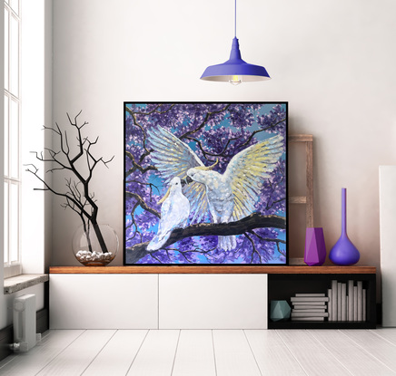 (CreativeWork) Love is in the air – Cockatoos and jacaranda by Irina Redine. Oil. Shop online at Bluethumb.