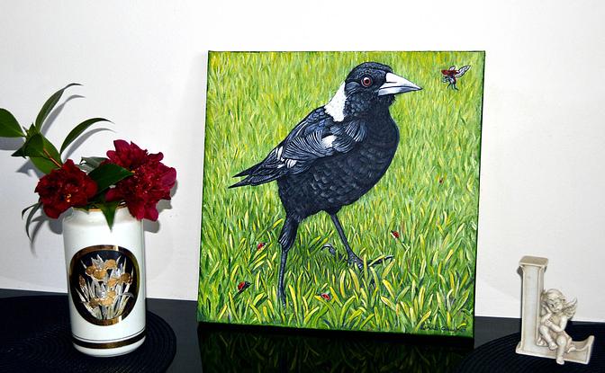 (CreativeWork) Friendly Magpie by Linda Callaghan. Acrylic. Shop online at Bluethumb.