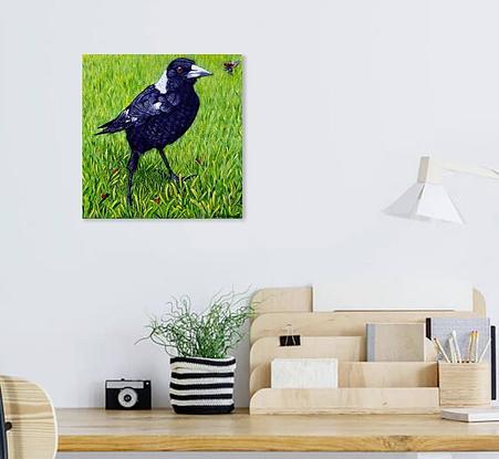 (CreativeWork) Friendly Magpie by Linda Callaghan. Acrylic. Shop online at Bluethumb.