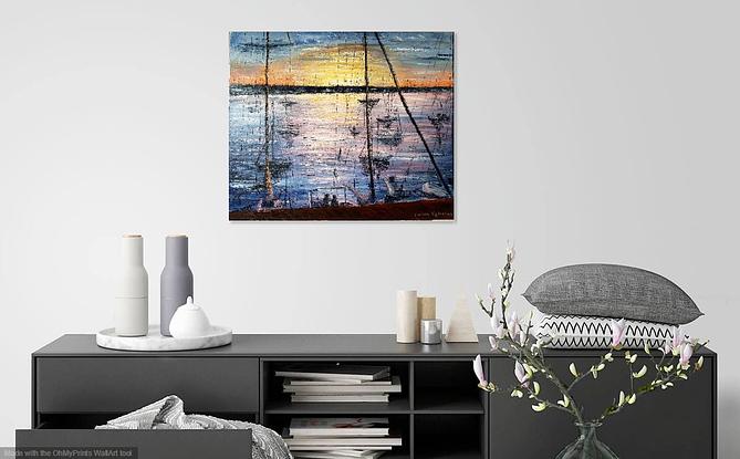 (CreativeWork) Sunset over the River Plate by Carmen Iglesias. Oil. Shop online at Bluethumb.