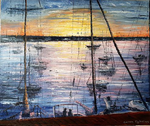 (CreativeWork) Sunset over the River Plate by Carmen Iglesias. Oil. Shop online at Bluethumb.