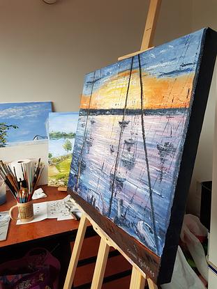 (CreativeWork) Sunset over the River Plate by Carmen Iglesias. Oil. Shop online at Bluethumb.