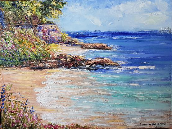 (CreativeWork) Rocks Beach by Carmen Iglesias. Oil. Shop online at Bluethumb.