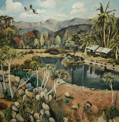 (CreativeWork) Palm Trees and Galahs - (COMMISSION) by Susan Trudinger. Acrylic. Shop online at Bluethumb.