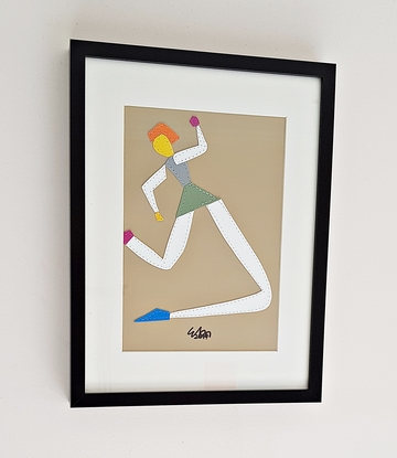 A leaping girl in a stitch art