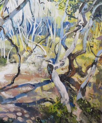 (CreativeWork) Australian  landscape  - Twisted Trees and Kookaburras by Susan Trudinger. Acrylic. Shop online at Bluethumb.