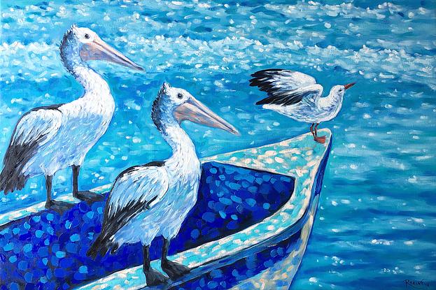 (CreativeWork) Ready for adventure – pelicans and seagull on a boat by Irina Redine. Oil. Shop online at Bluethumb.