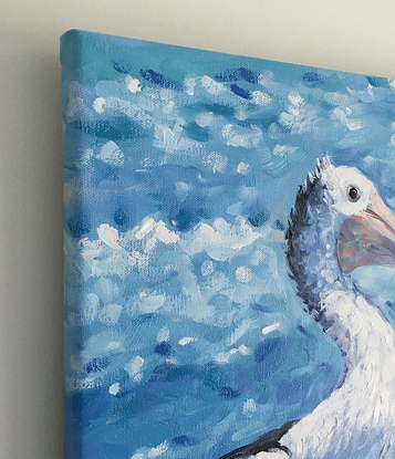 (CreativeWork) Ready for adventure – pelicans and seagull on a boat by Irina Redine. Oil. Shop online at Bluethumb.