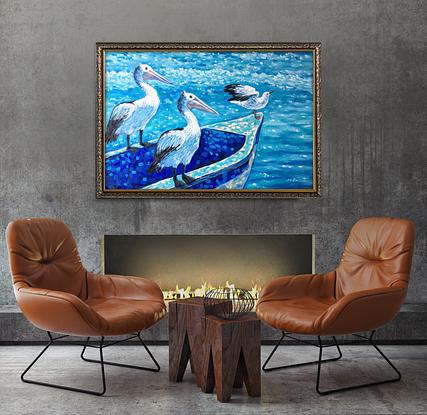 (CreativeWork) Ready for adventure – pelicans and seagull on a boat by Irina Redine. Oil. Shop online at Bluethumb.