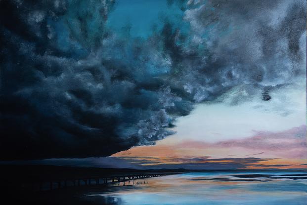 (CreativeWork) Storm Descending on a Sunset at Long Jetty by Sarah Park. Oil. Shop online at Bluethumb.