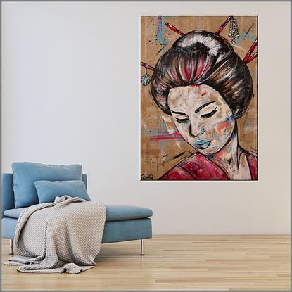 (CreativeWork) Rubine Geisha 100cm x 140cm Linen Memoirs of a Geisha Japanese Book Pages on Canvas Urban Pop Art by _Franko _. Mixed Media. Shop online at Bluethumb.