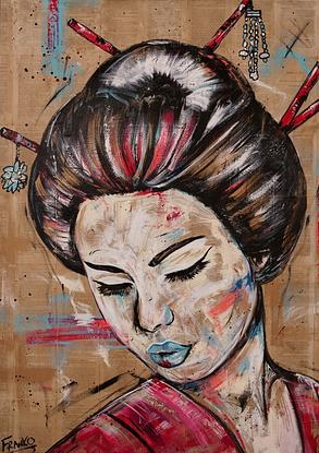 (CreativeWork) Rubine Geisha 100cm x 140cm Linen Memoirs of a Geisha Japanese Book Pages on Canvas Urban Pop Art by _Franko _. Mixed Media. Shop online at Bluethumb.