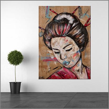 (CreativeWork) Rubine Geisha 100cm x 140cm Linen Memoirs of a Geisha Japanese Book Pages on Canvas Urban Pop Art by _Franko _. Mixed Media. Shop online at Bluethumb.