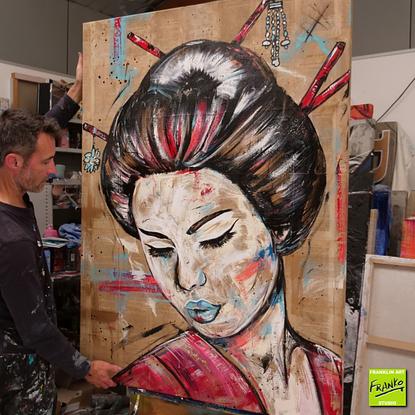 (CreativeWork) Rubine Geisha 100cm x 140cm Linen Memoirs of a Geisha Japanese Book Pages on Canvas Urban Pop Art by _Franko _. Mixed Media. Shop online at Bluethumb.