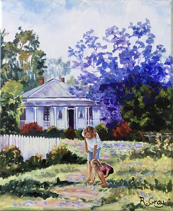 (CreativeWork) Jacaranda Cottage  by Robyn Gray. Acrylic. Shop online at Bluethumb.