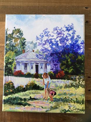 (CreativeWork) Jacaranda Cottage  by Robyn Gray. Acrylic. Shop online at Bluethumb.