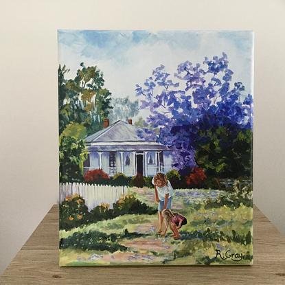 (CreativeWork) Jacaranda Cottage  by Robyn Gray. Acrylic. Shop online at Bluethumb.