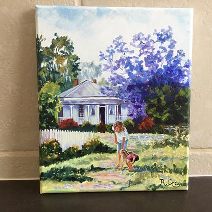 (CreativeWork) Jacaranda Cottage  by Robyn Gray. Acrylic. Shop online at Bluethumb.