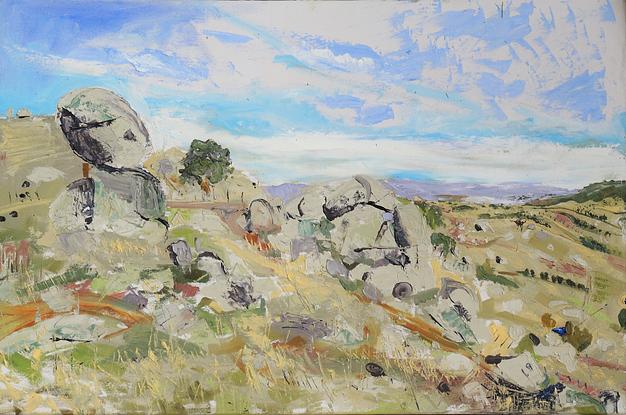 (CreativeWork) Caringa:Upper paddock towards Pyalong by Christopher Sheehan. Oil. Shop online at Bluethumb.