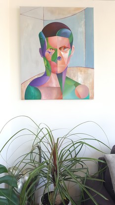 (CreativeWork) Man & Greenhouse by Jonny Southgate. Oil. Shop online at Bluethumb.