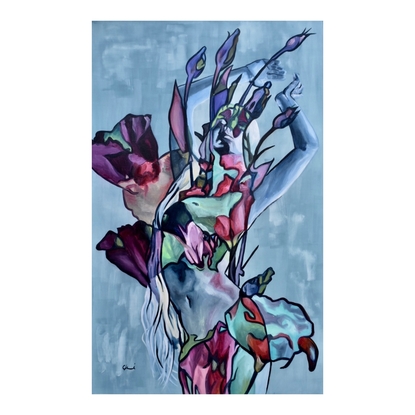 Blue background lady dancing in human sized maroon pink red carnations