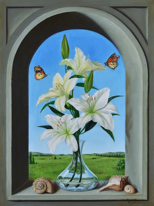 White lilies and shells