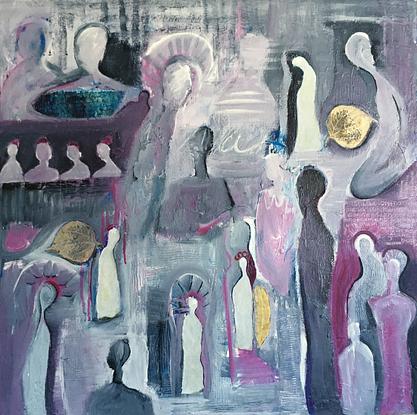 People, mindfulness,  grays and pinks mixed media painting