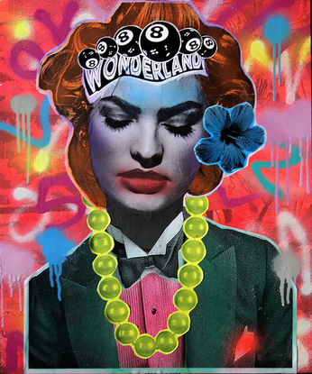 A colourful collaged portrait of a woman in street art style.