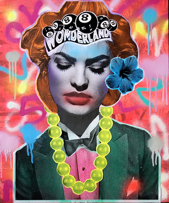 A colourful collaged portrait of a woman in street art style.