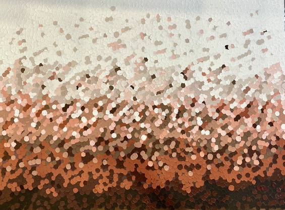 Inspired from colours from Uluru australia, this painting is done with textured dots in rust, brown, peach and white tones