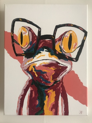 (CreativeWork) Painter frog  by janelle pollard. Acrylic. Shop online at Bluethumb.