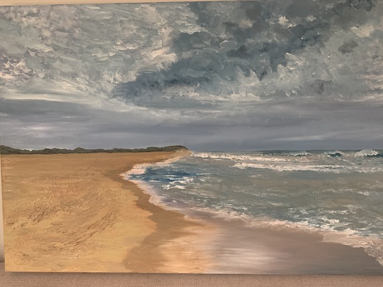 (CreativeWork) Walking on Wamberal beach  by Ann Maree Lynch. Oil. Shop online at Bluethumb.