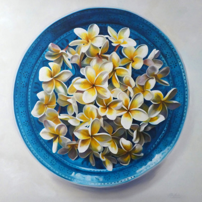 (CreativeWork) Summer (A) - original oil painting frangipani stilllife  by Mia Laing. Oil. Shop online at Bluethumb.