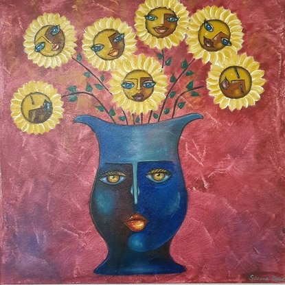 (CreativeWork) SUNFLOWER FACES  Acrylic painting on canvas by Suzana Dancks. Acrylic. Shop online at Bluethumb.