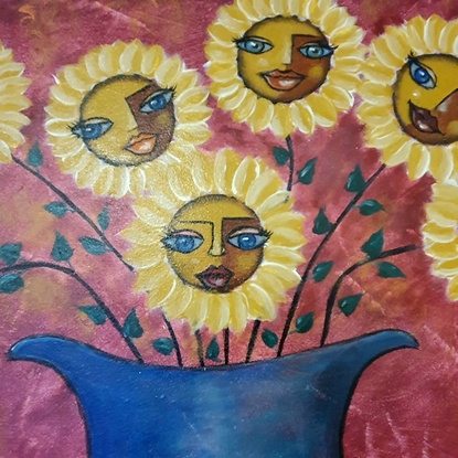 (CreativeWork) SUNFLOWER FACES  Acrylic painting on canvas by Suzana Dancks. Acrylic. Shop online at Bluethumb.