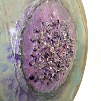 (CreativeWork) AMETHYST ISLAND Resin Textured painting on round tumber board  by Suzana Dancks. Resin. Shop online at Bluethumb.