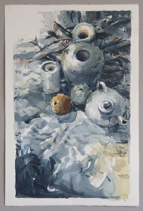 (CreativeWork) Still Life with Fish by Tony Belobrajdic. Watercolour. Shop online at Bluethumb.