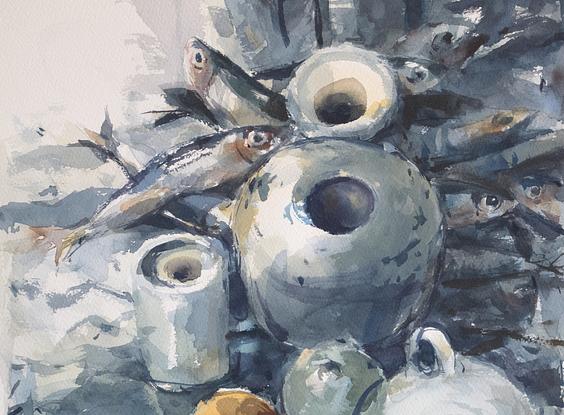 (CreativeWork) Still Life with Fish by Tony Belobrajdic. Watercolour. Shop online at Bluethumb.