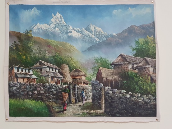 (CreativeWork) Fishtail View from Village by Arjun Gurung. Oil. Shop online at Bluethumb.