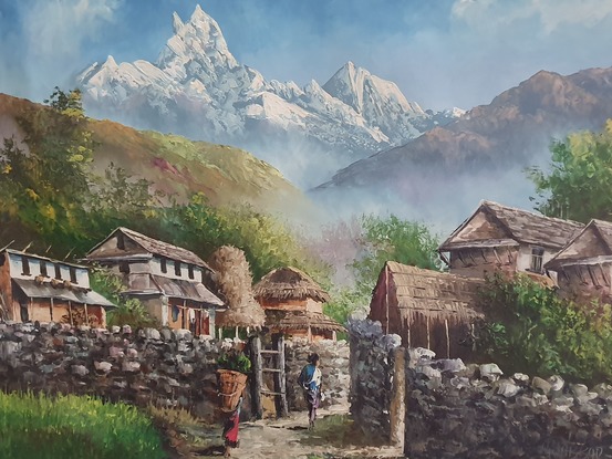 (CreativeWork) Fishtail View from Village by Arjun Gurung. Oil. Shop online at Bluethumb.