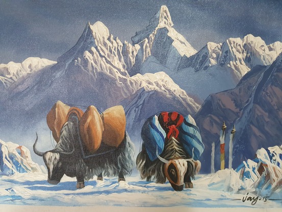 (CreativeWork) Everest and Yak Nepal by Arjun Gurung. Oil. Shop online at Bluethumb.