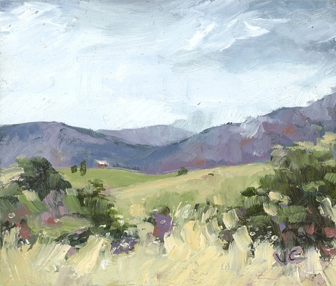 Miniature landscape of green hills with tiny cottage and Blue Mountains, oil on mini tile by Victoria Collins