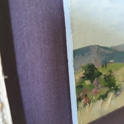 Miniature landscape of green hills with tiny cottage and Blue Mountains, oil on mini tile by Victoria Collins