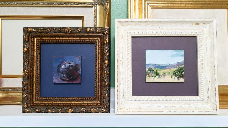 (CreativeWork) Plum colour study, blue, decorative frame by Victoria Collins. Oil. Shop online at Bluethumb.