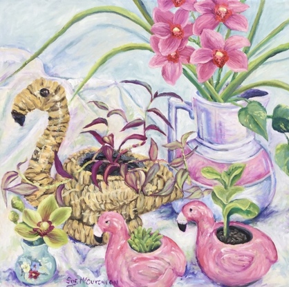 flamingo pots with plants and orchid flowers