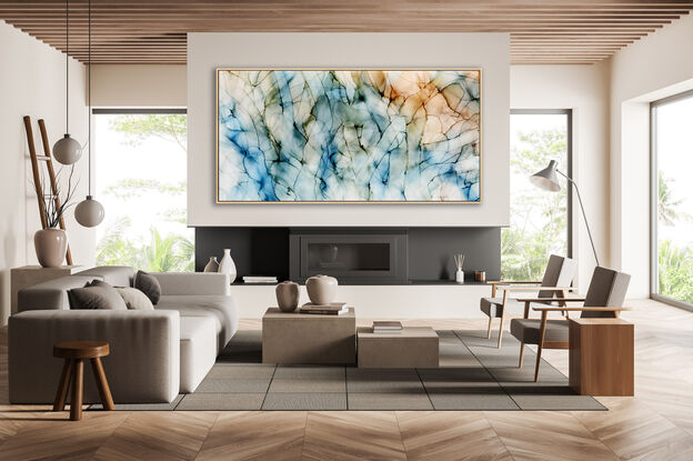 this painting gives the feeling of being underwater with soft layer over soft layer. 
there is a beautiful combination of teals, aquamarine, earthy browns,  salmon pinks and the tonal blues and greens of the underwater ocean/sea experience.